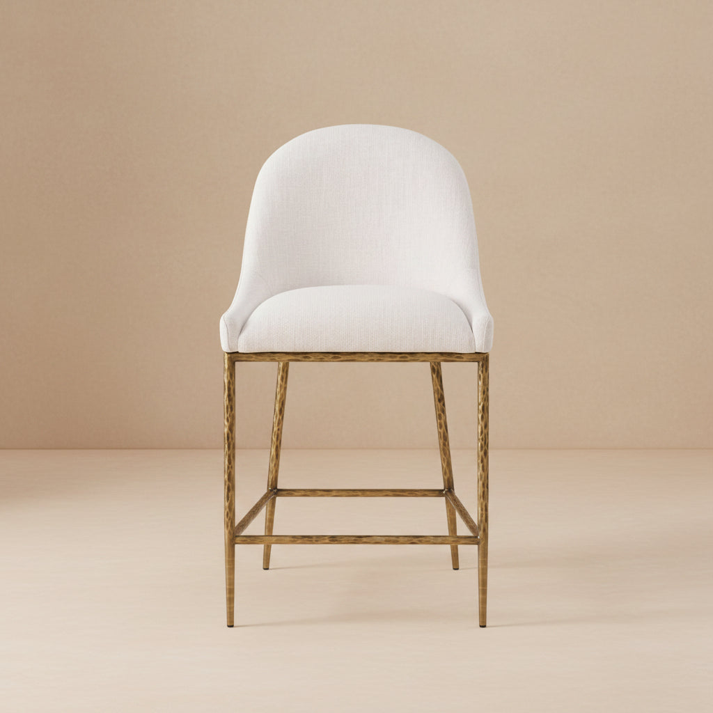 Rilva Contemporary Matte Gold and White Counter Height Stool with Linen White Fabric