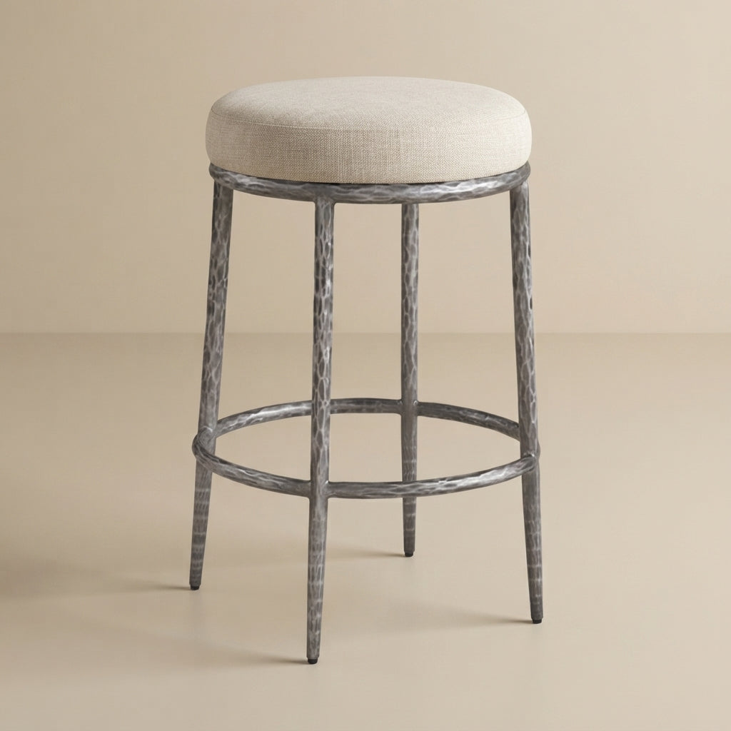 Rilva Contemporary Gunmetal 26.5-Inch Backless Round Counter Height Stool with Linen White Fabric