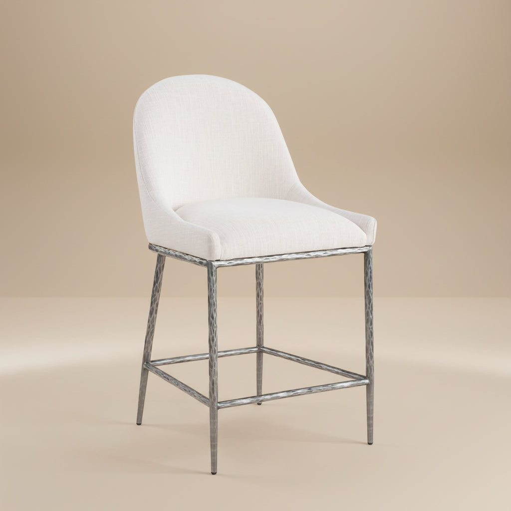 Rilva Contemporary White and Gunmetal Counter Height Stool with Linen White Fabric
