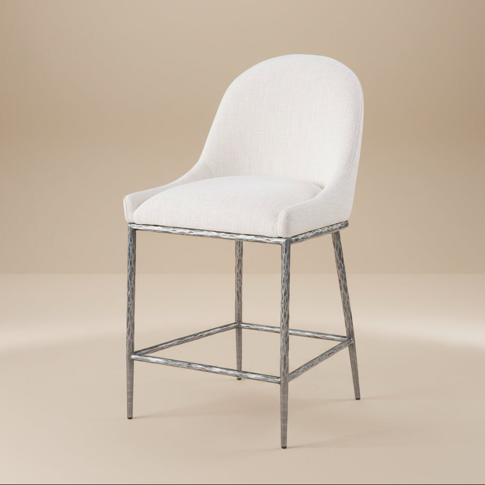 Rilva Contemporary White and Gunmetal Counter Height Stool with Linen White Fabric