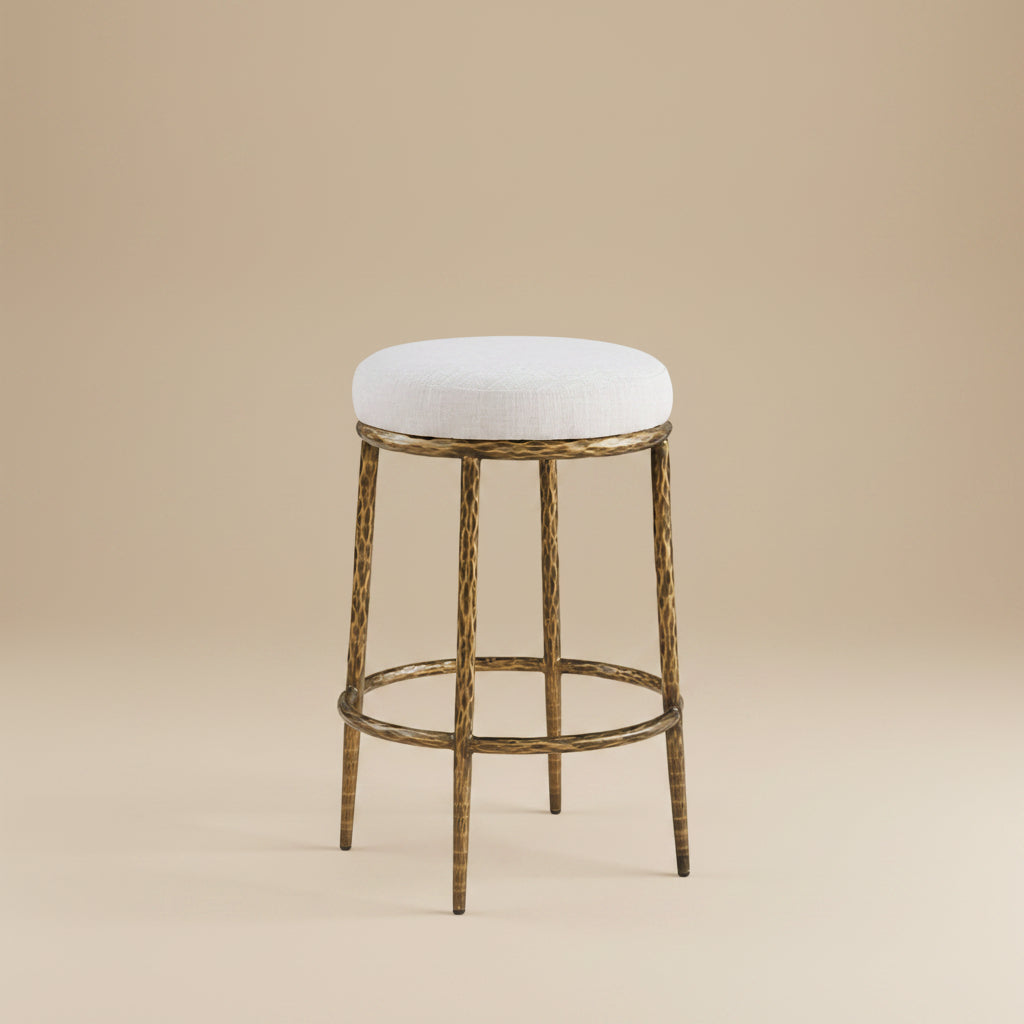 Rilva Contemporary Matte Gold 26.5-Inch Backless Round Counter Height Stool with Linen White