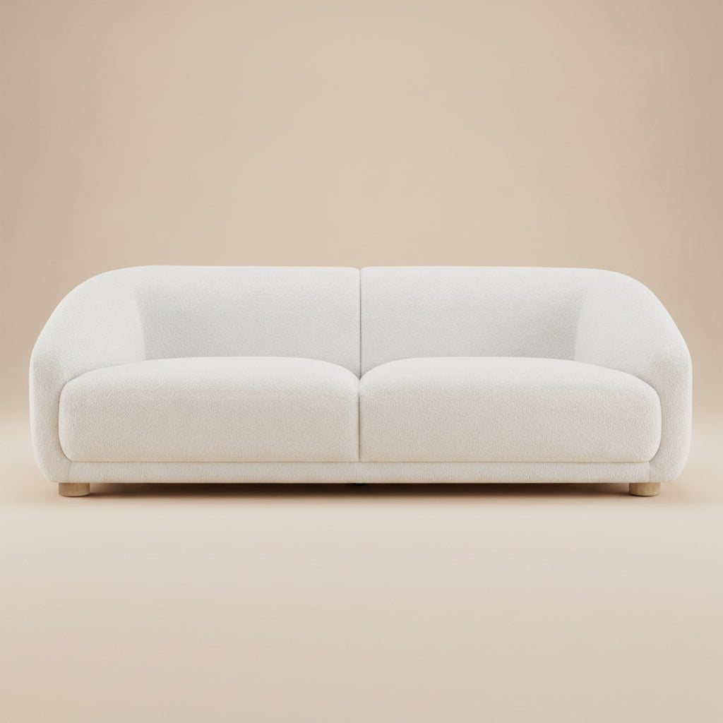 Kolvere Contemporary White Boucle Sofa with Solid Wood Round Legs