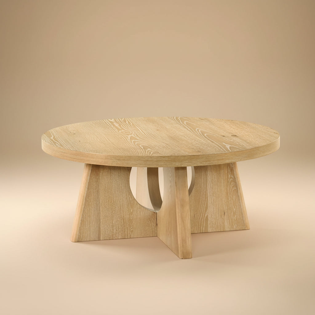 Olgod Contemporary Oak Round Coffee Table with Cross Cutout Pedestal Base