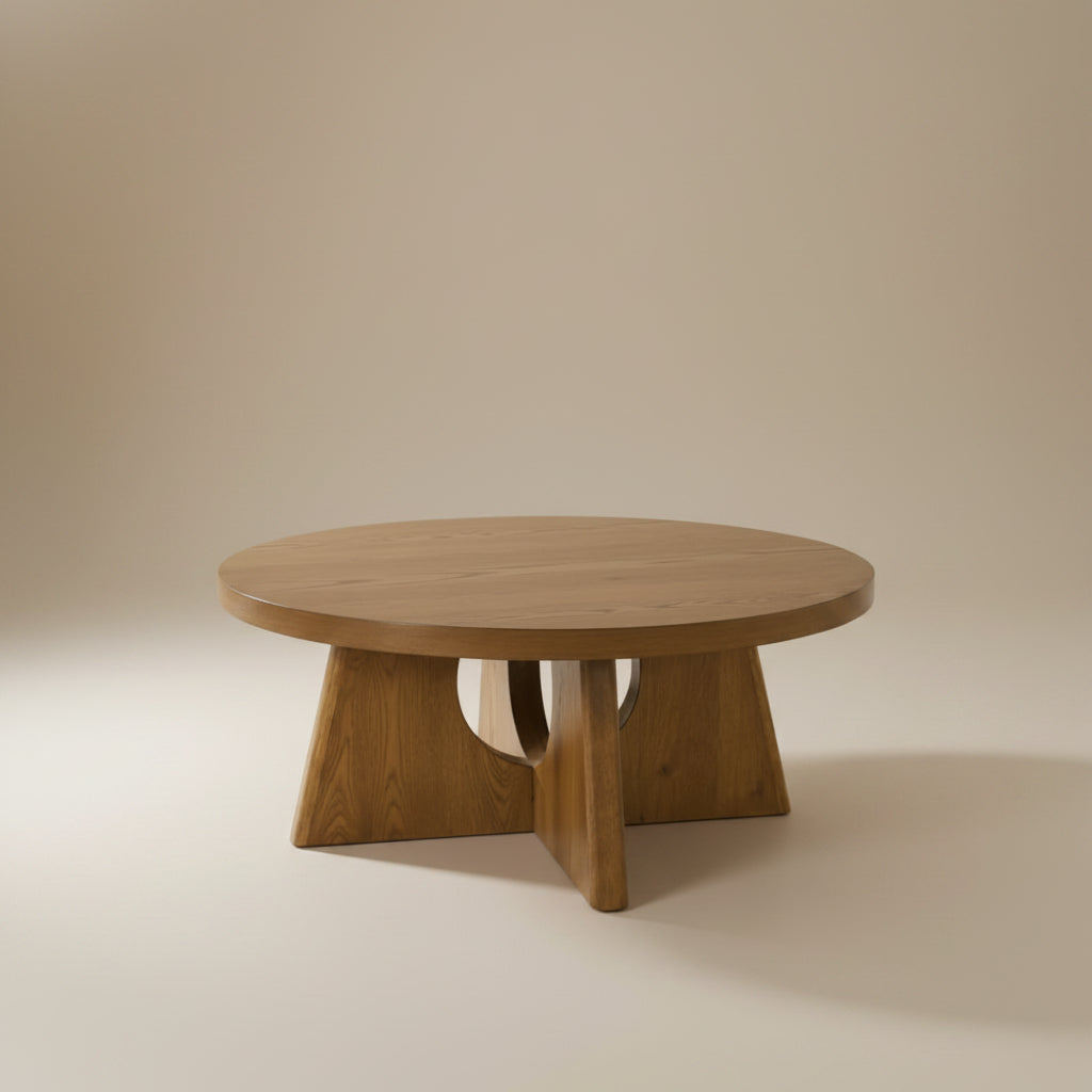 Olgod Contemporary Walnut Round Coffee Table with Cross Cutout Pedestal Base