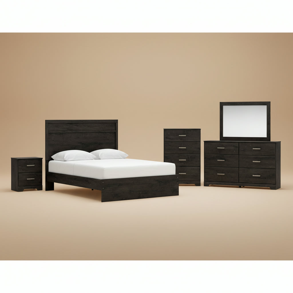 Belachime Queen Panel Bed with Mirrored Dresser, Chest and Nightstand