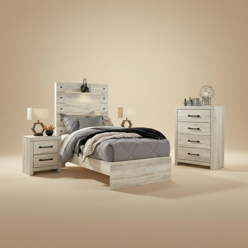 Cambeck Twin Panel Bed with Mirrored Dresser, Chest and Nightstand
