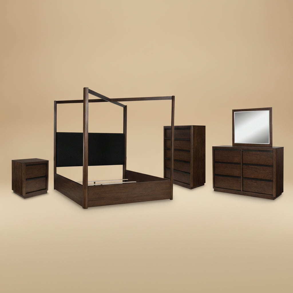 Kendamor Queen Canopy Bed with Mirrored Dresser, Chest and Nightstand