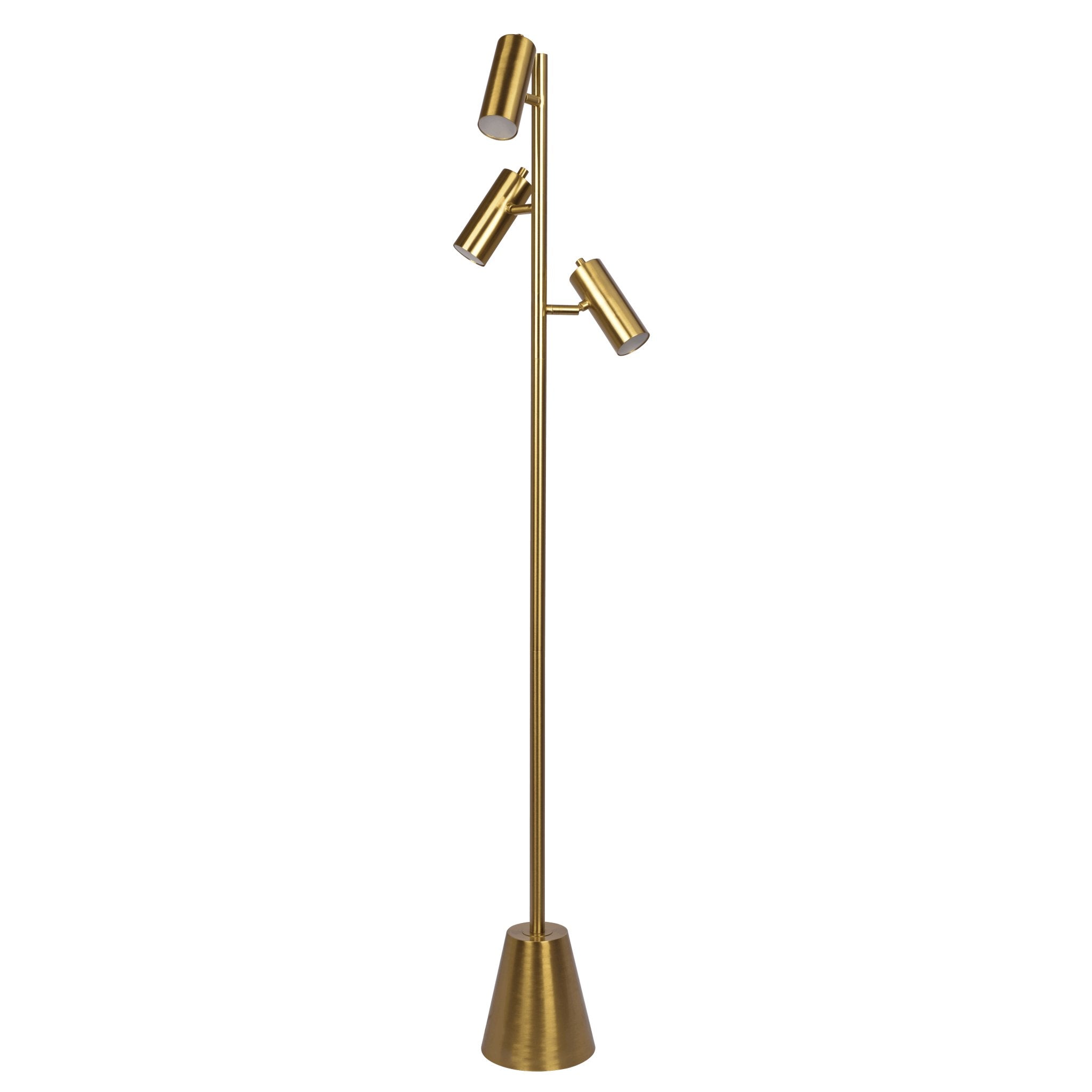 Lumina Brassed Gold Floor Lamp with Rotary Switch Triple Spots Metal Cone Base - MidinMod