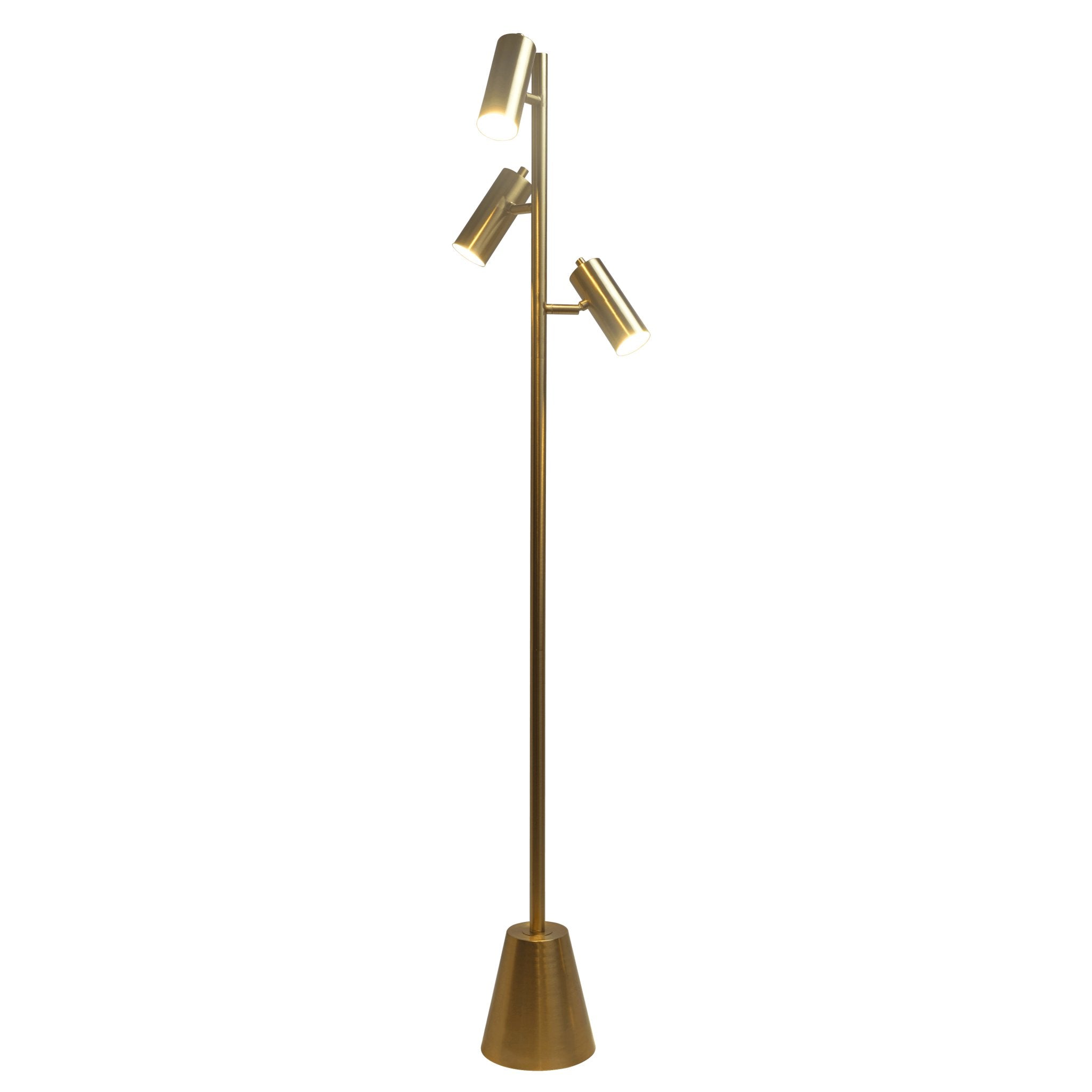 Lumina Brassed Gold Floor Lamp with Rotary Switch Triple Spots Metal Cone Base - MidinMod