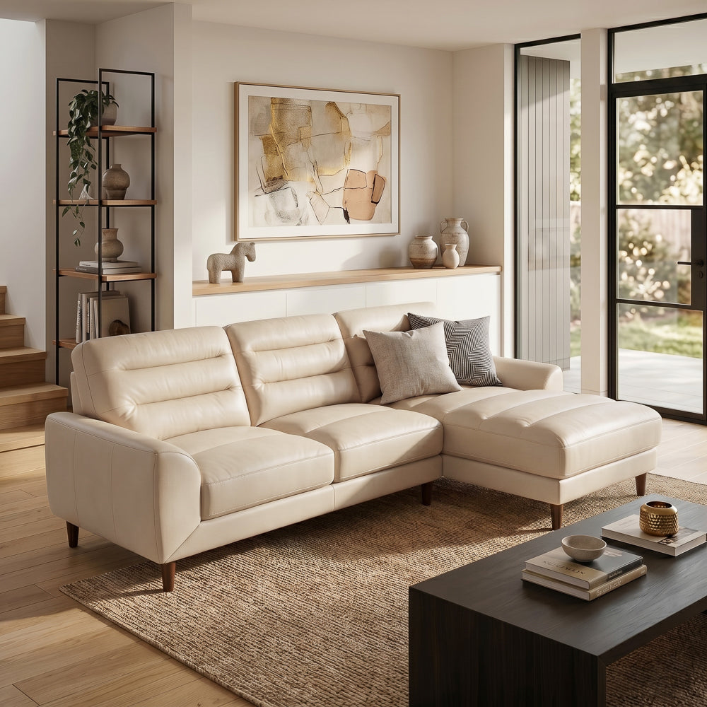 Barton Cream Leather Right-Facing Sectional Sofa with Extended Chaise | MidinMod