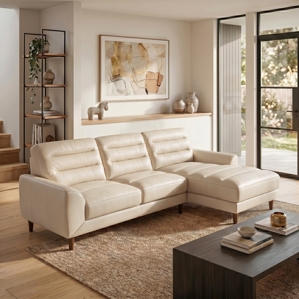 Barton Cream Leather Right-Facing Sectional Sofa with Extended Chaise | MidinMod