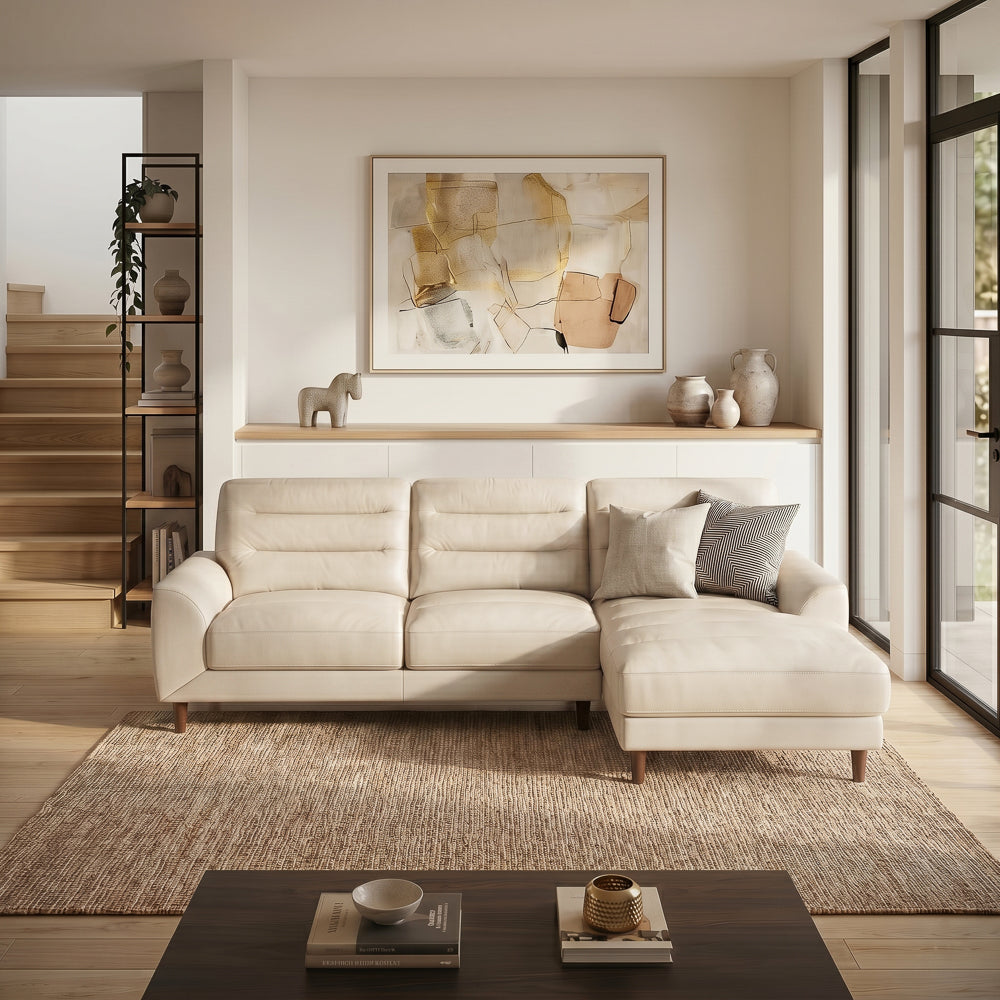 Barton Cream Leather Right-Facing Sectional Sofa with Extended Chaise | MidinMod
