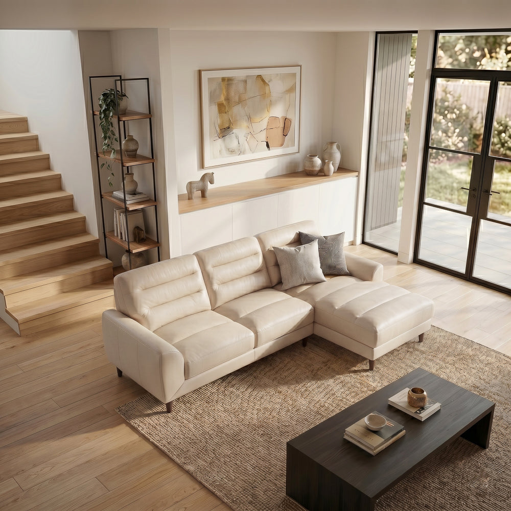 Barton Cream Leather Right-Facing Sectional Sofa with Extended Chaise | MidinMod
