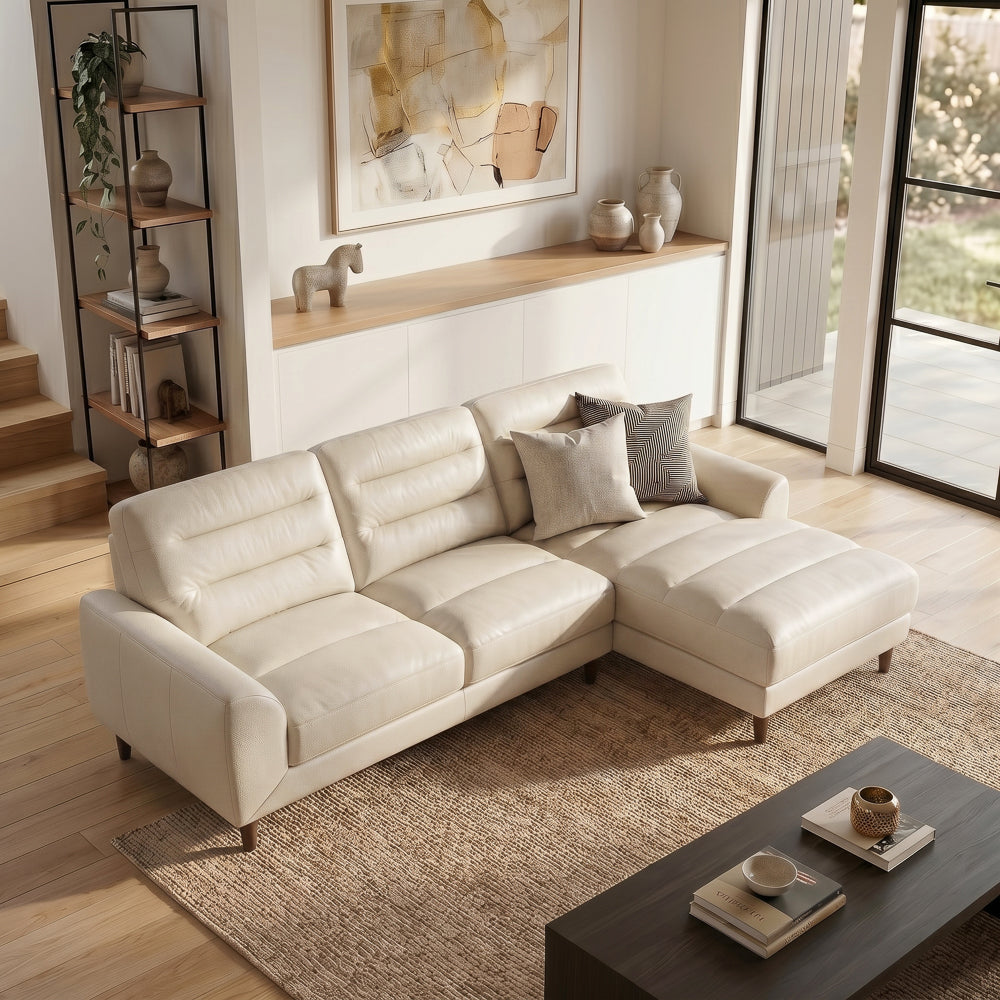 Barton Cream Leather Right-Facing Sectional Sofa with Extended Chaise | MidinMod