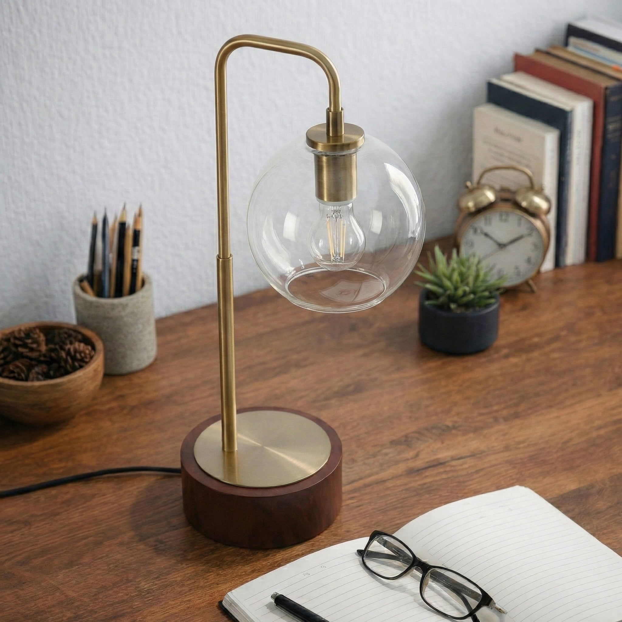 Aether Glass Globe Arched Table Lamp | Walnut and Bronze | MidinMod