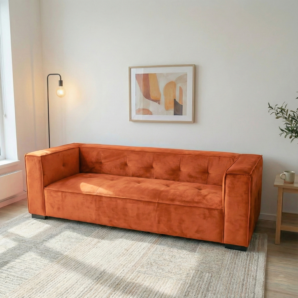 Alameda Modern Velvet Upholstered Sofa with Wide Square Arms & Biscuit Tufting | MidinMod