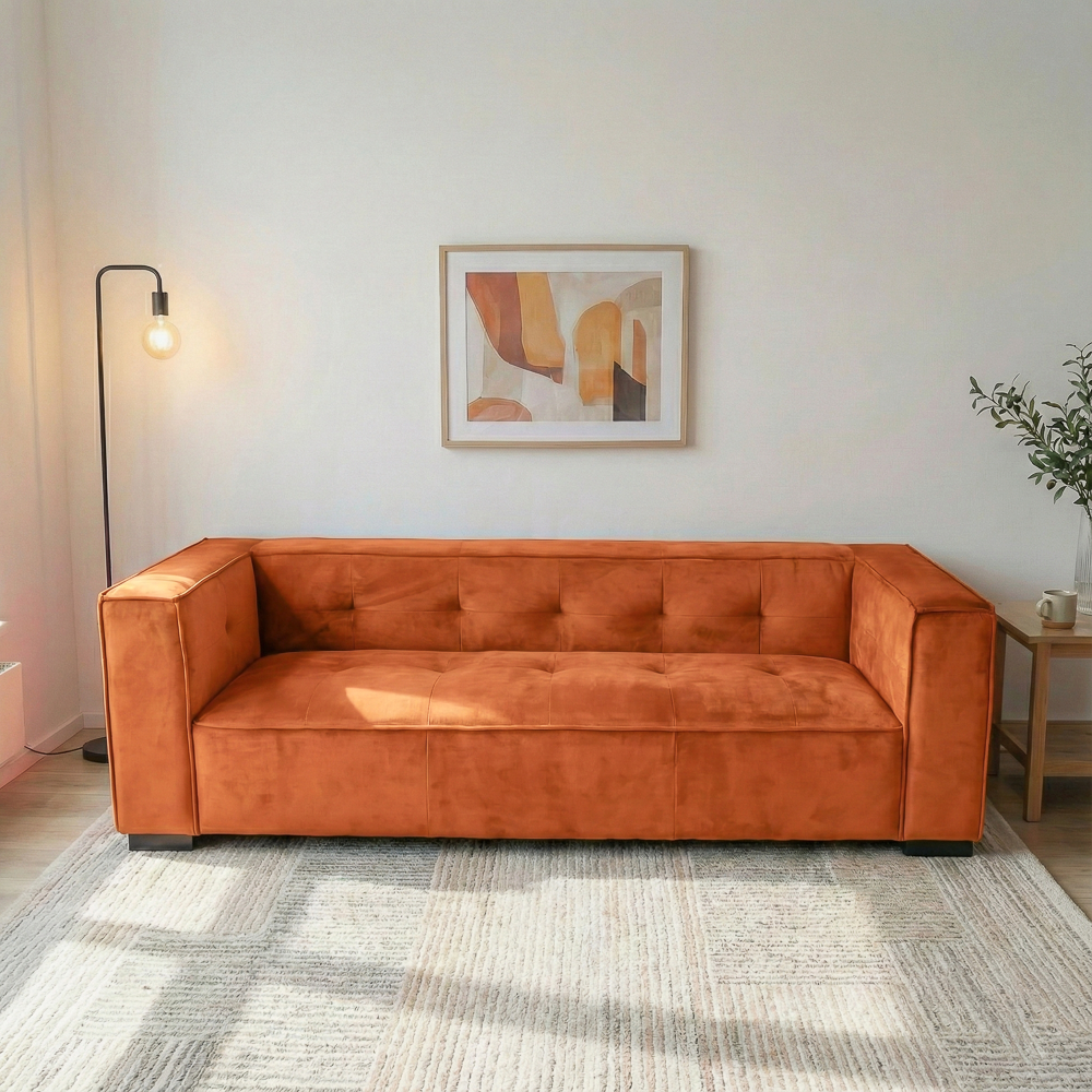 Alameda Modern Velvet Upholstered Sofa with Wide Square Arms & Biscuit Tufting | MidinMod