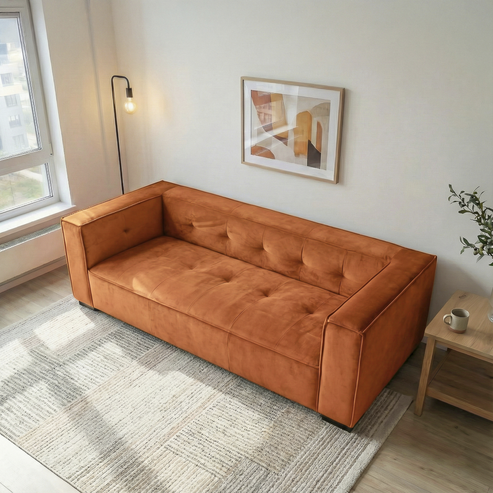 Alameda Modern Velvet Upholstered Sofa with Wide Square Arms & Biscuit Tufting | MidinMod