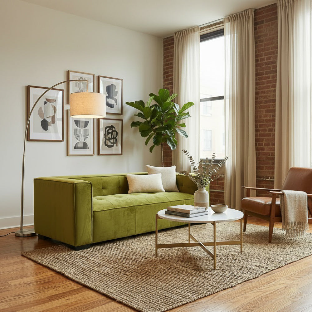 Alameda Modern Velvet Upholstered Sofa with Wide Square Arms & Biscuit Tufting | MidinMod
