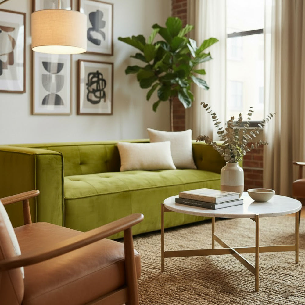 Alameda Modern Velvet Upholstered Sofa with Wide Square Arms & Biscuit Tufting | MidinMod