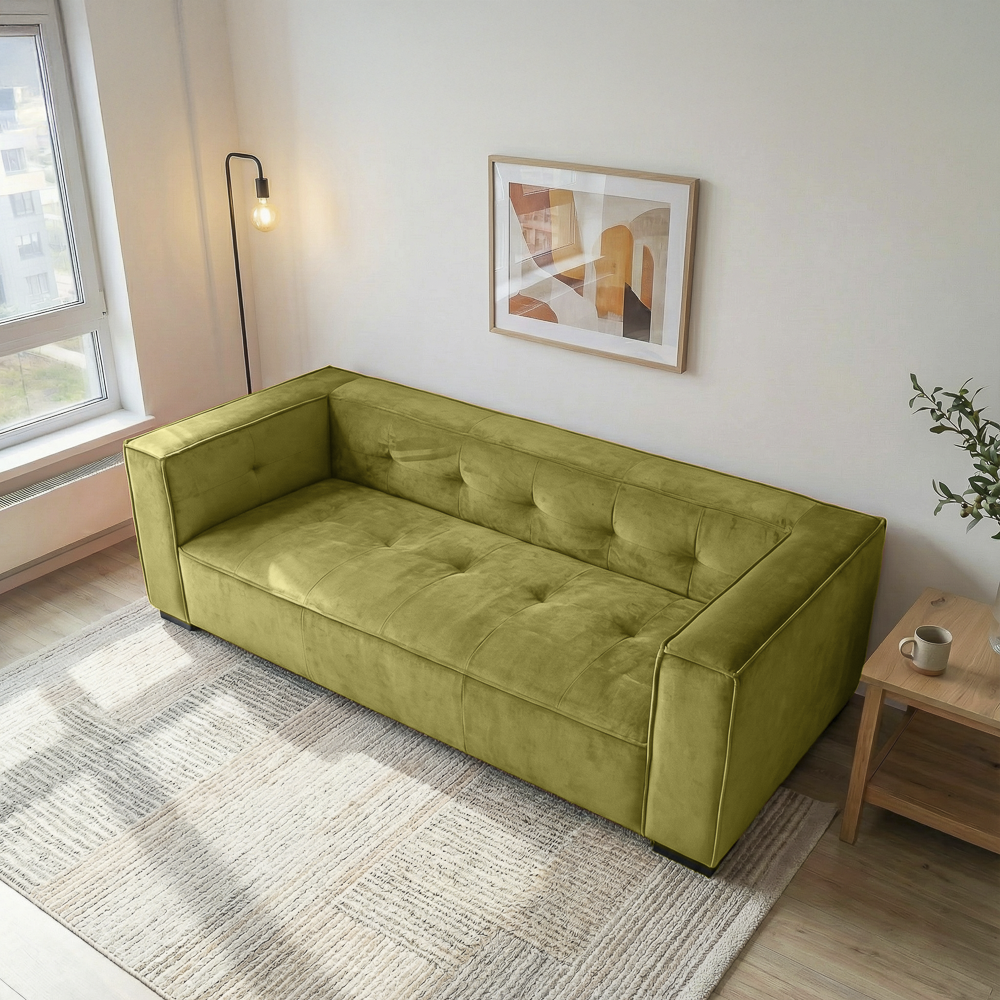 Alameda Modern Velvet Upholstered Sofa with Wide Square Arms & Biscuit Tufting | MidinMod