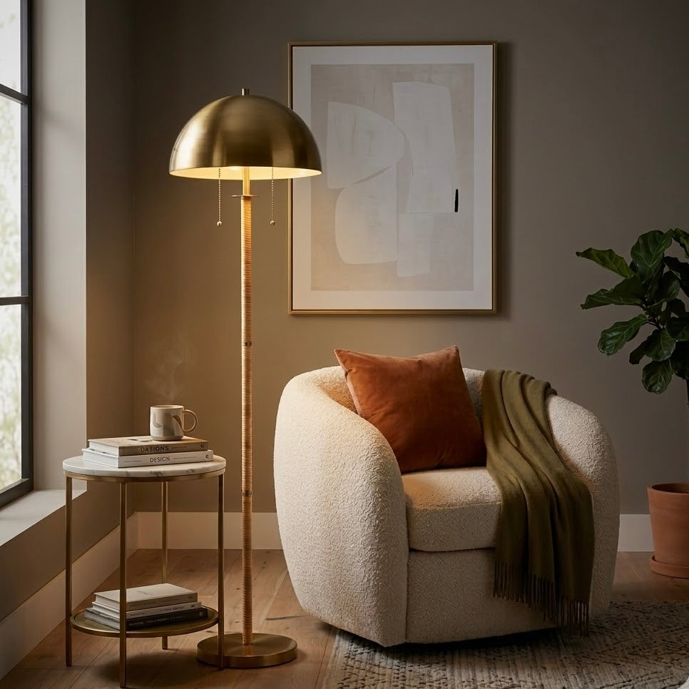 Allure Mid-Century Modern 2-Light Floor Lamp in Gold Brass and Natural Rattan | MidinMod