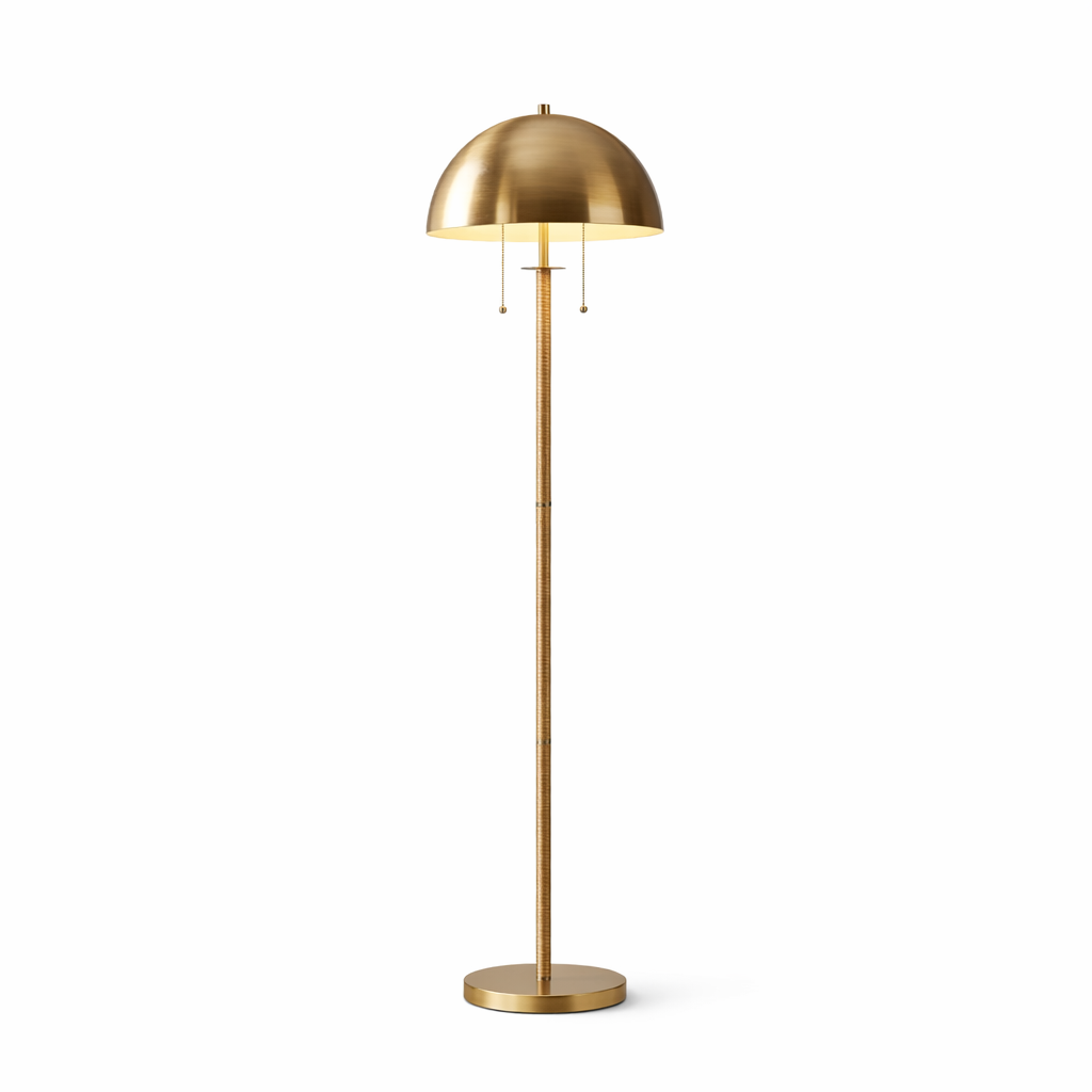 Allure Mid-Century Modern 2-Light Floor Lamp in Gold Brass and Natural Rattan | MidinMod