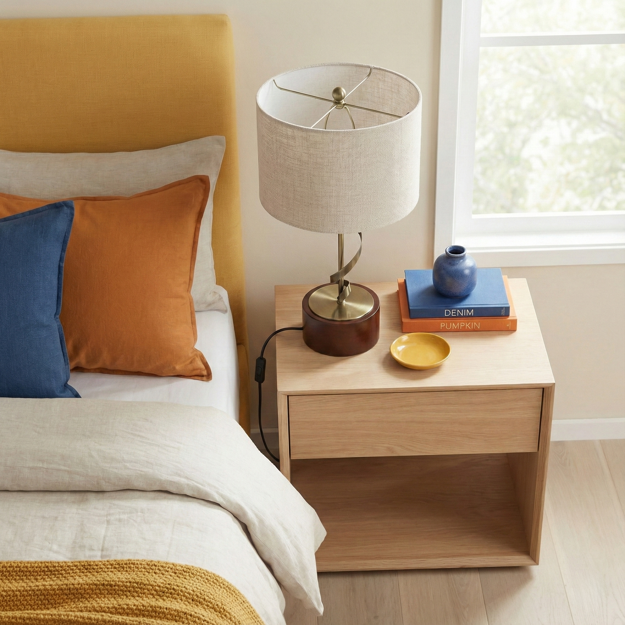 Apollo Twisted Metal Table Lamp | Walnut Base & Linen Shade | MidinMod