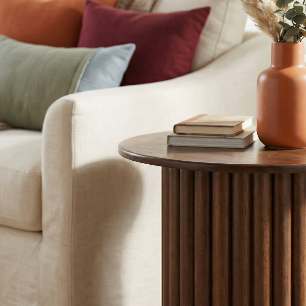 Ariel Solid Wood Round End Table with Ribbed Pedestal Base – Walnut Finish | MidinMod