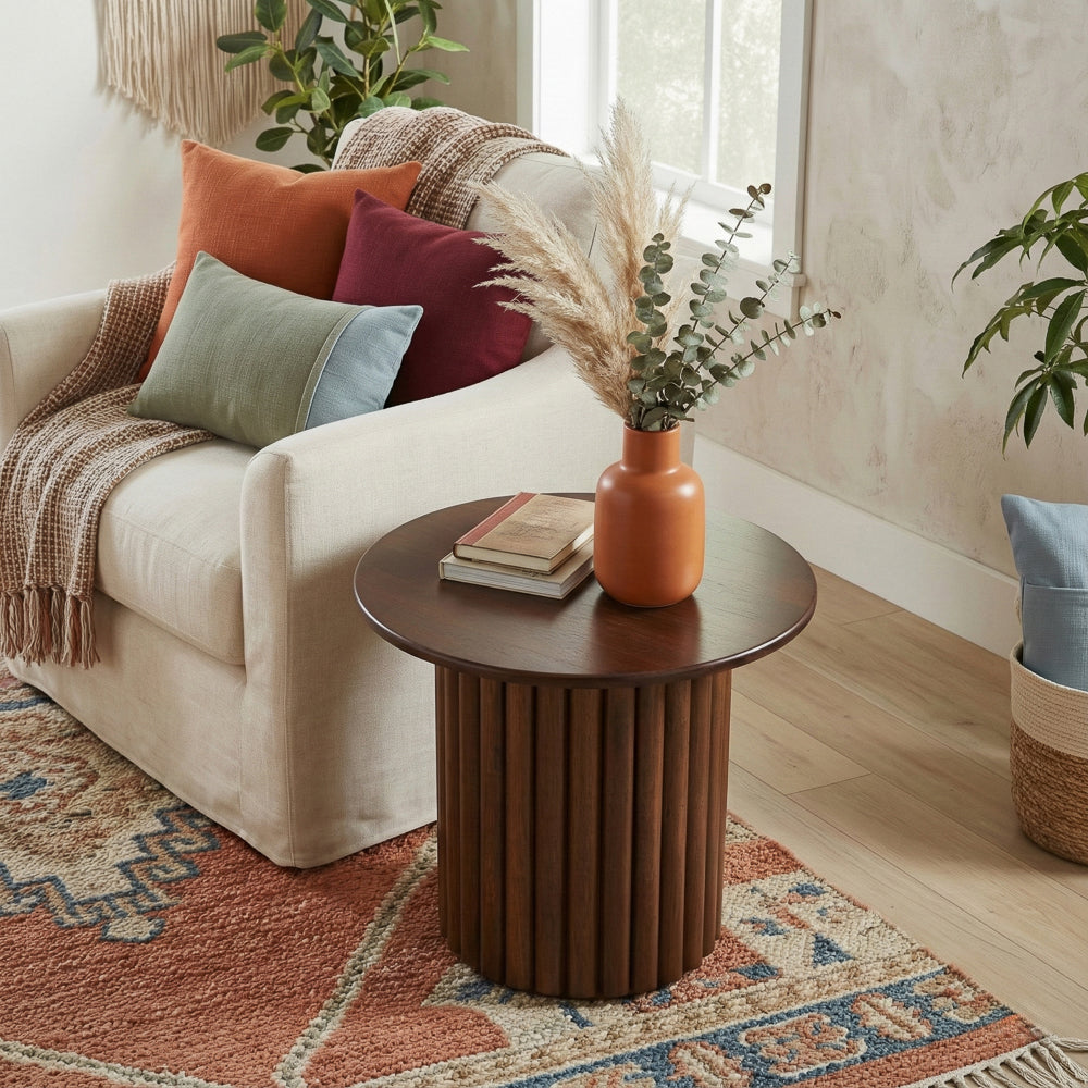 Ariel Solid Wood Round End Table with Ribbed Pedestal Base – Walnut Finish | MidinMod