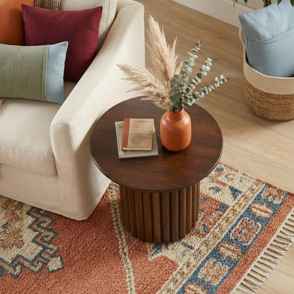 Ariel Solid Wood Round End Table with Ribbed Pedestal Base – Walnut Finish | MidinMod