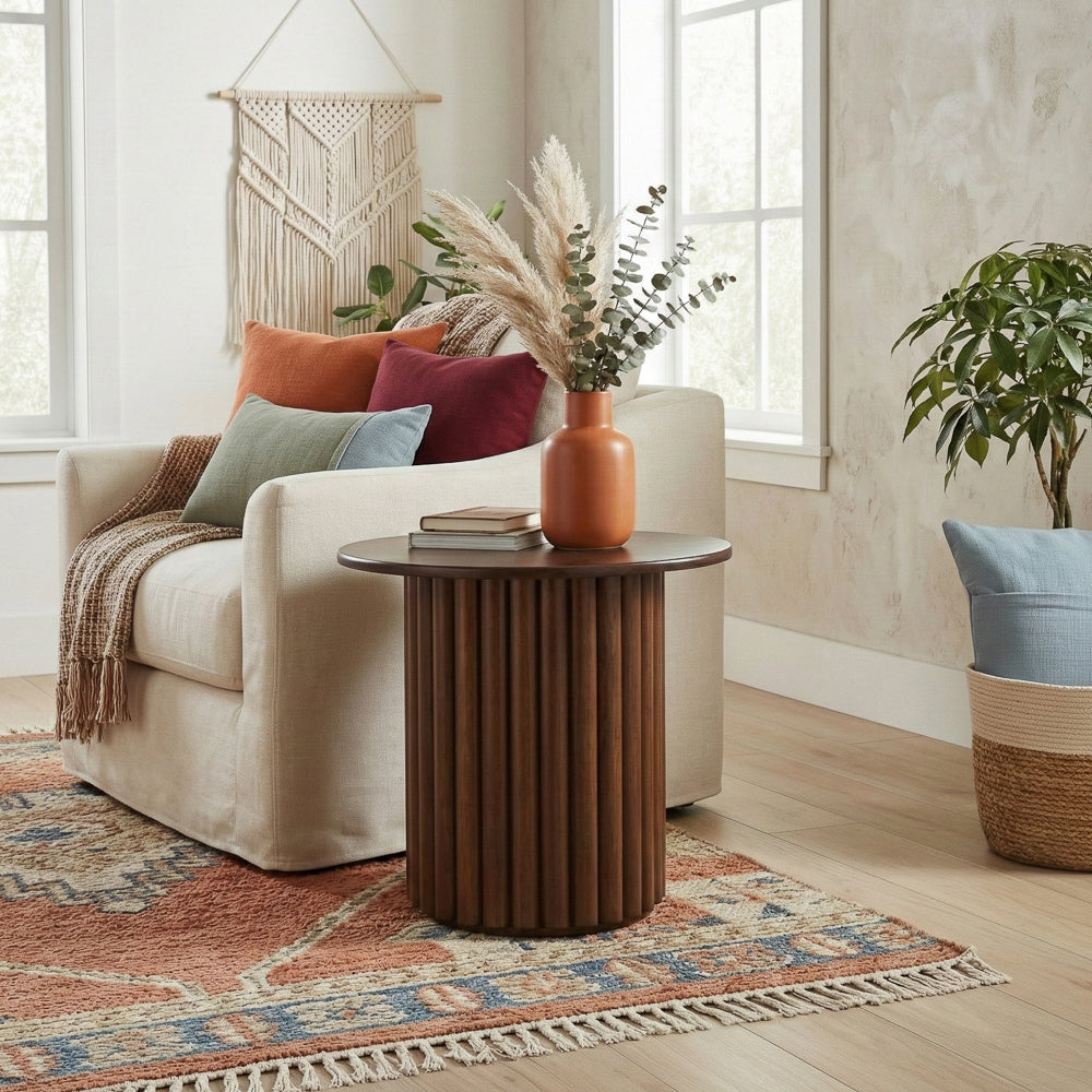 Ariel Solid Wood Round End Table with Ribbed Pedestal Base – Walnut Finish | MidinMod