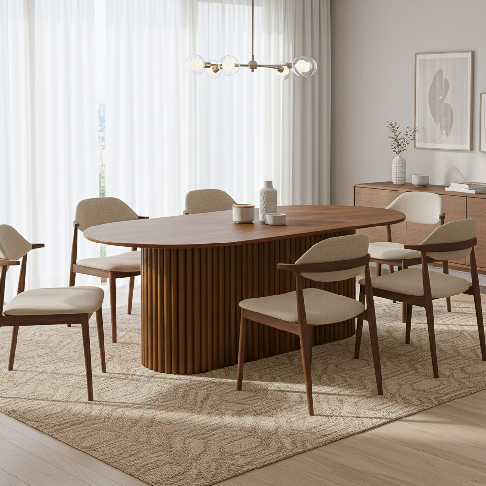 Ariel Oval Solid Wood Dining Table with Ribbed Pedestal Base | MidinMod