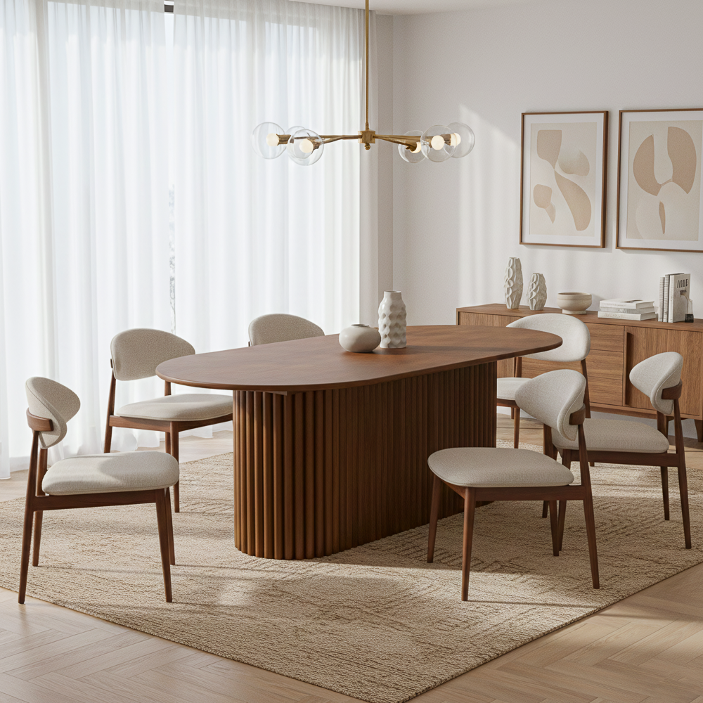 Ariel Oval Solid Wood Dining Table with Ribbed Pedestal Base | MidinMod