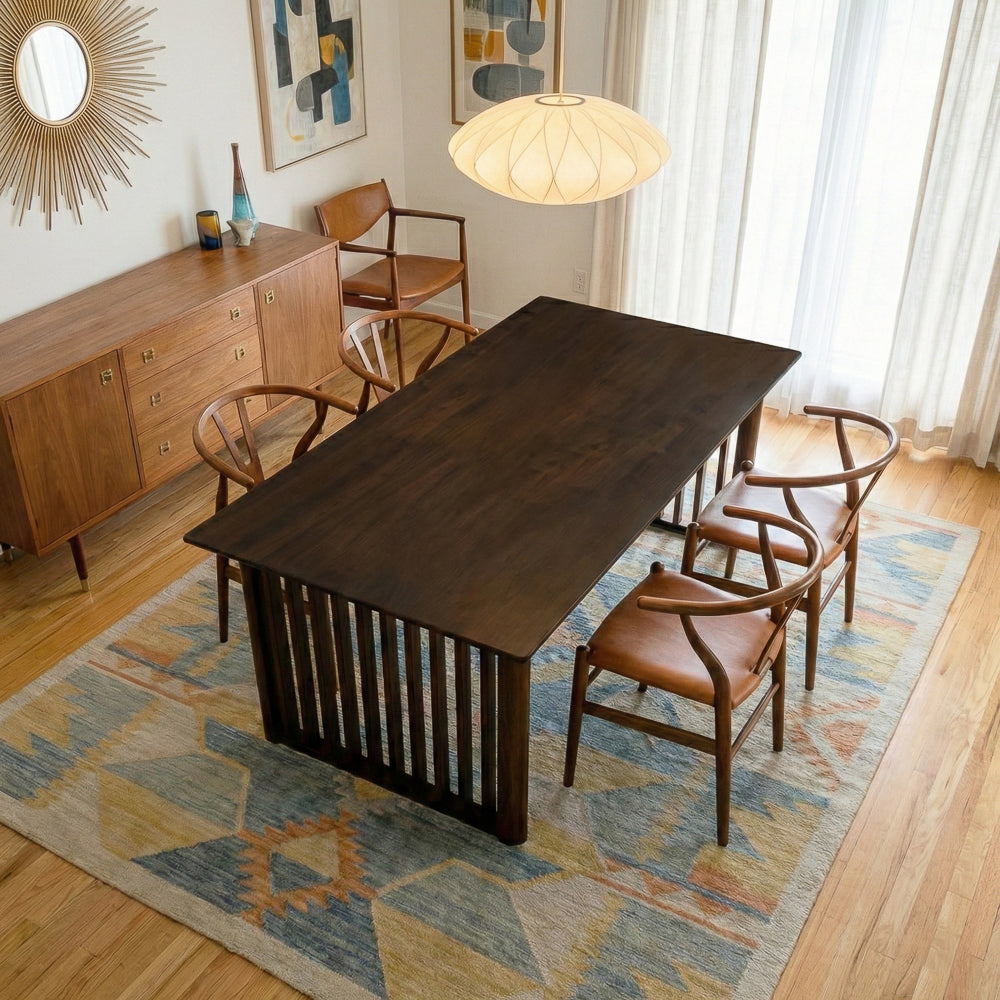 Ariel Solid Wood Rectangular Dining Table with Ribbed Slab Legs – Walnut Finish | MidinMod