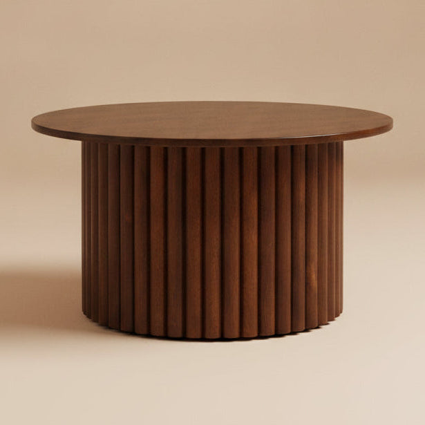 Ariel Solid Wood Round Coffee Table with Ribbed Pedestal Base – Walnut Finish | MidinMod