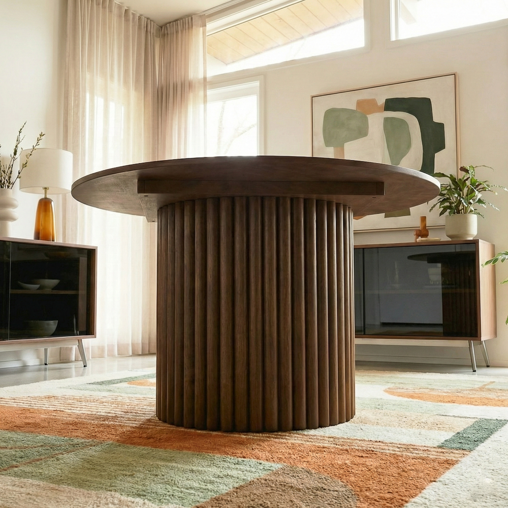 Ariel Round Solid Wood Dining Table with Ribbed Pedestal Base | MidinMod