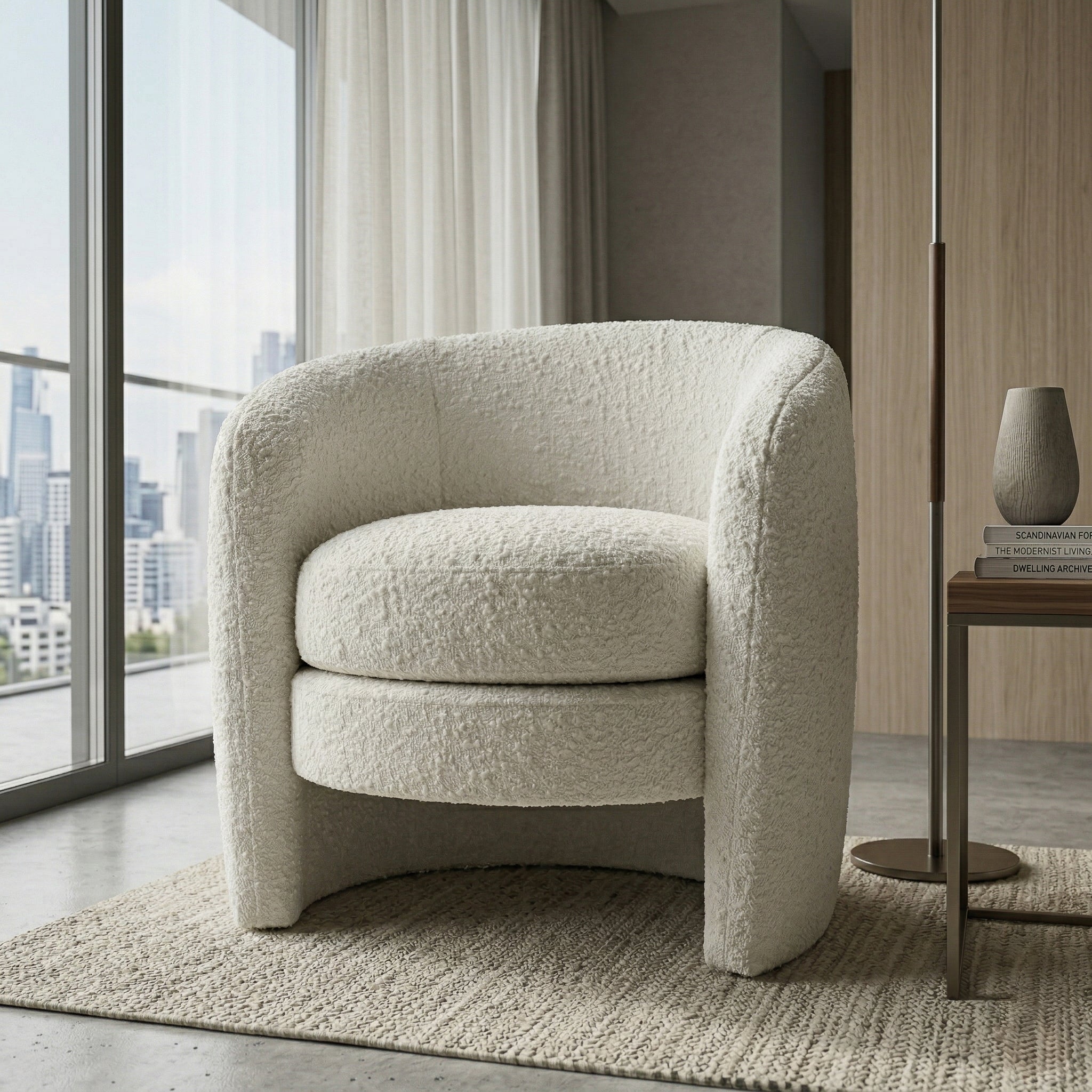 Axis White Boucle Lounge Chair | Contemporary Minimalist Teddy Fabric | MidinMod 