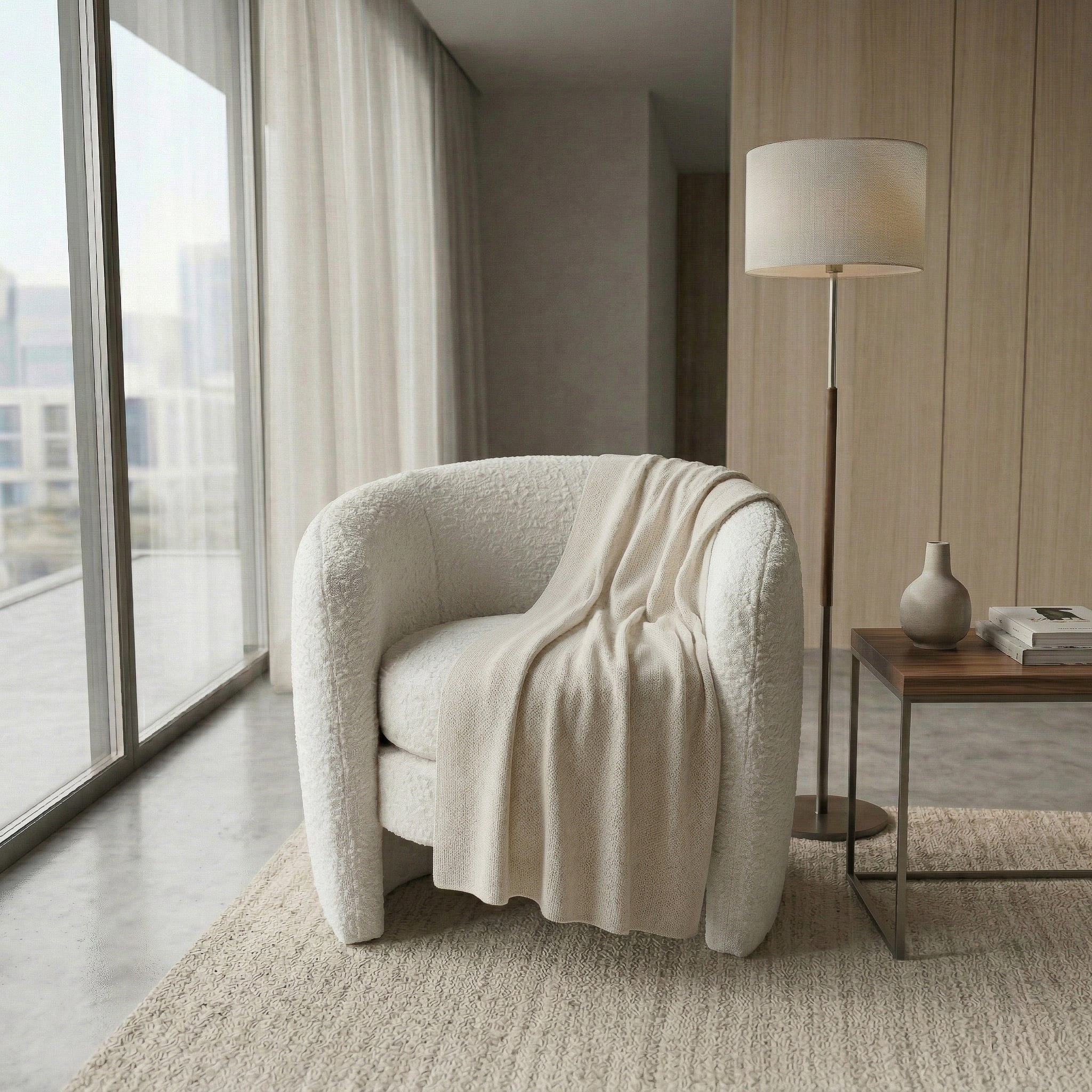 Axis White Boucle Lounge Chair | Contemporary Minimalist Teddy Fabric | MidinMod 