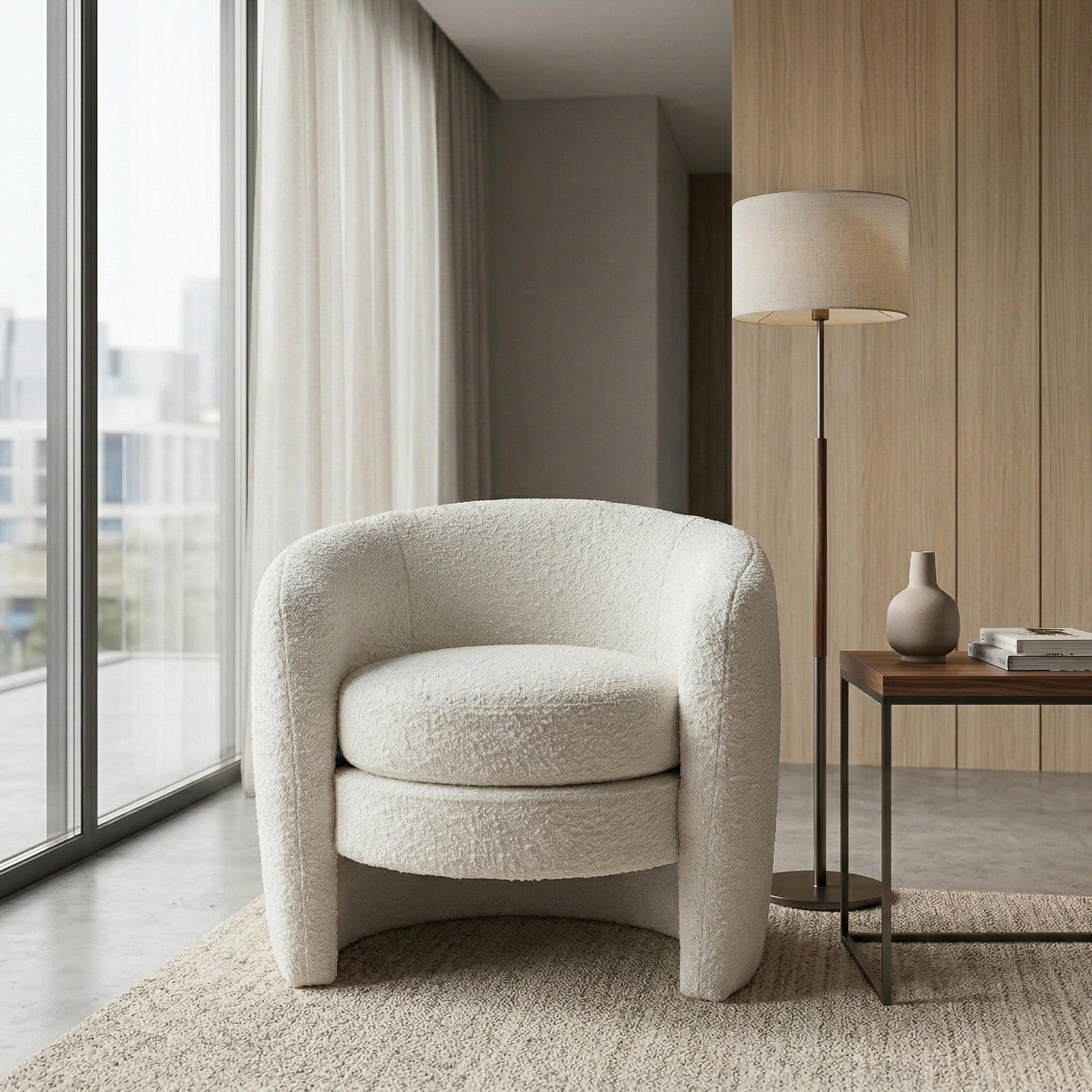 Axis White Boucle Lounge Chair | Contemporary Minimalist Teddy Fabric | MidinMod 
