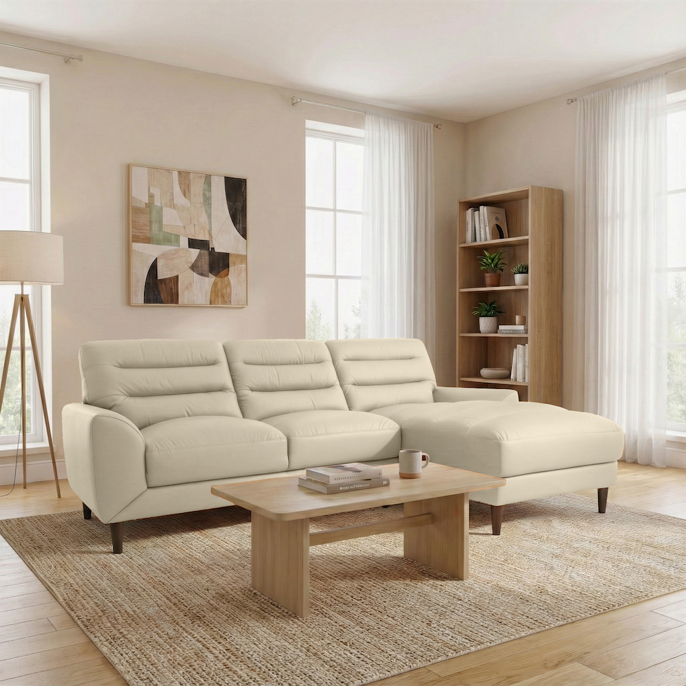 Barton Cream Leather Right-Facing Sectional Sofa with Extended Chaise | MidinMod
