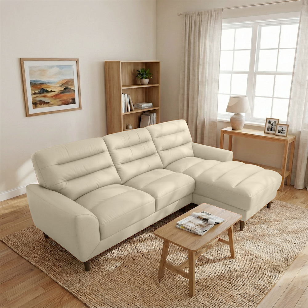 Barton Cream Leather Right-Facing Sectional Sofa with Extended Chaise | MidinMod