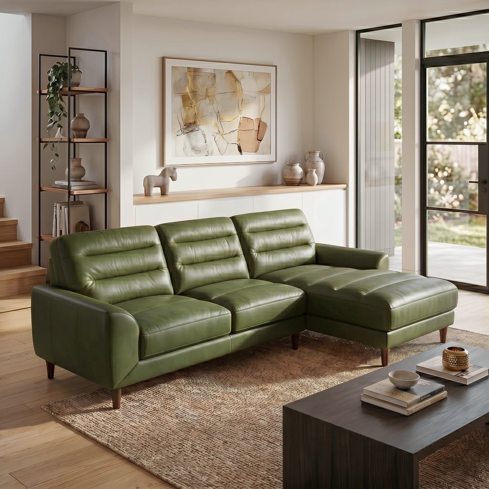 Barton Green Leather Right-Facing Sectional Sofa with Extended Chaise | MidinMod