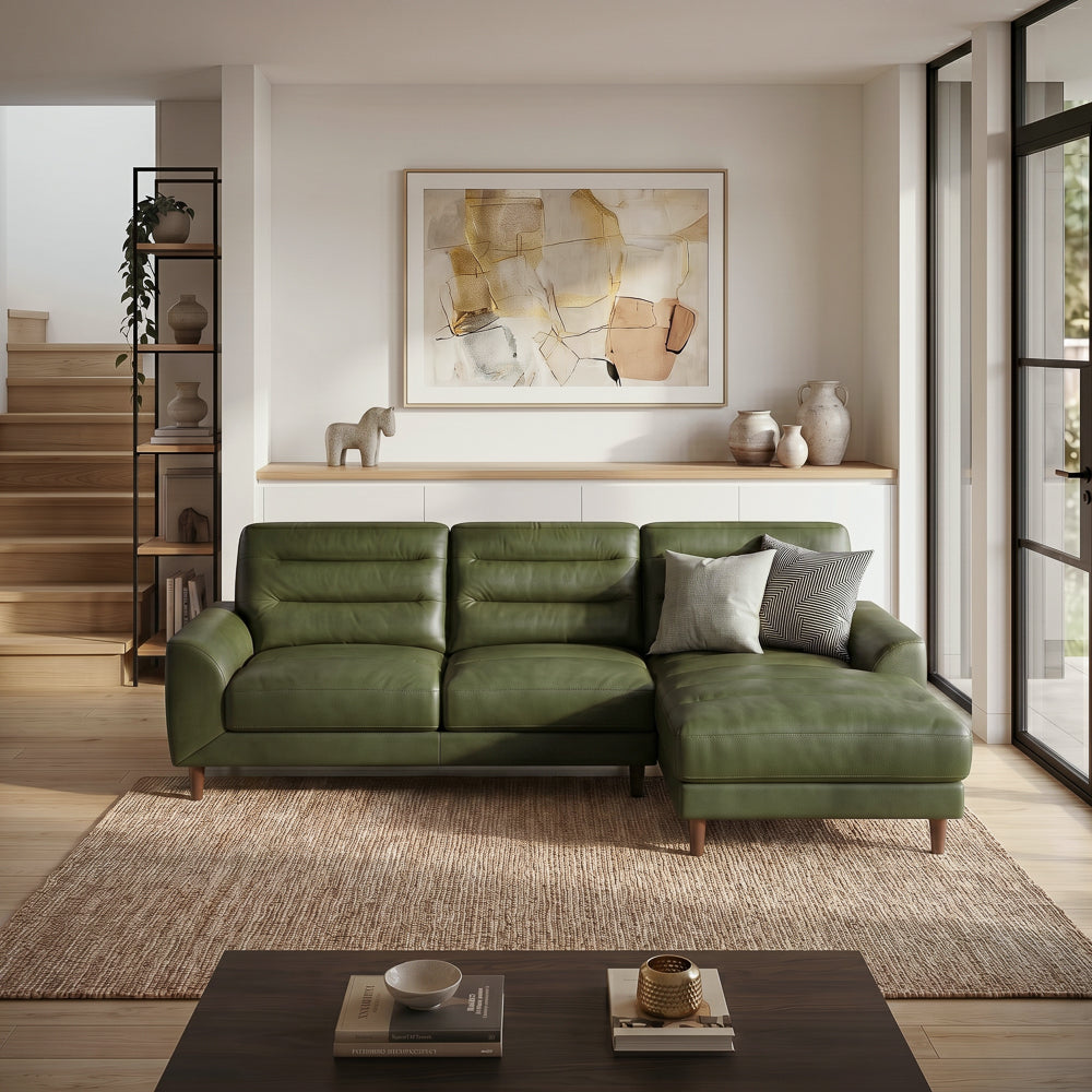 Barton Green Leather Right-Facing Sectional Sofa with Extended Chaise | MidinMod