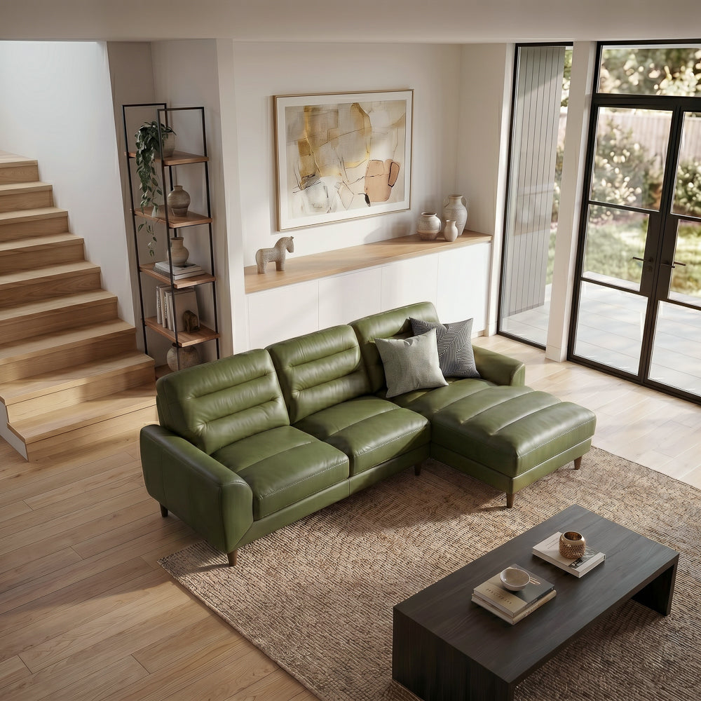 Barton Green Leather Right-Facing Sectional Sofa with Extended Chaise | MidinMod