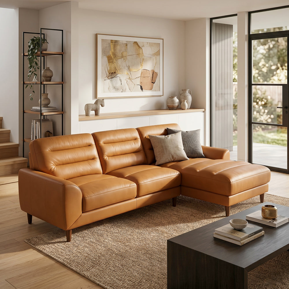 Barton Tan Leather Right-Facing Sectional Sofa with Extended Chaise | MidinMod