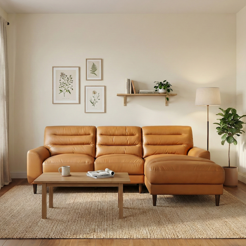 Barton Tan Leather Right-Facing Sectional Sofa with Extended Chaise | MidinMod