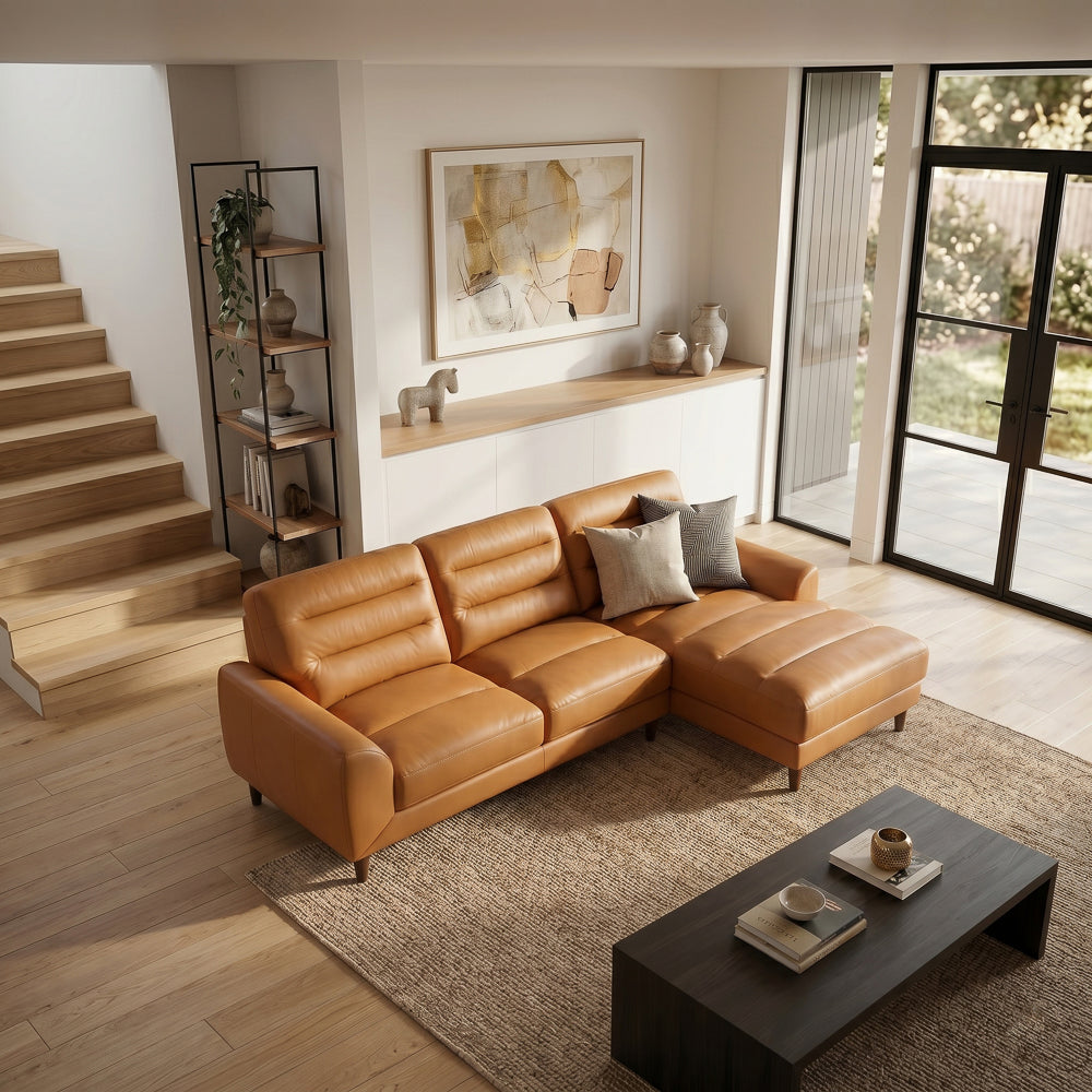 Barton Tan Leather Right-Facing Sectional Sofa with Extended Chaise | MidinMod