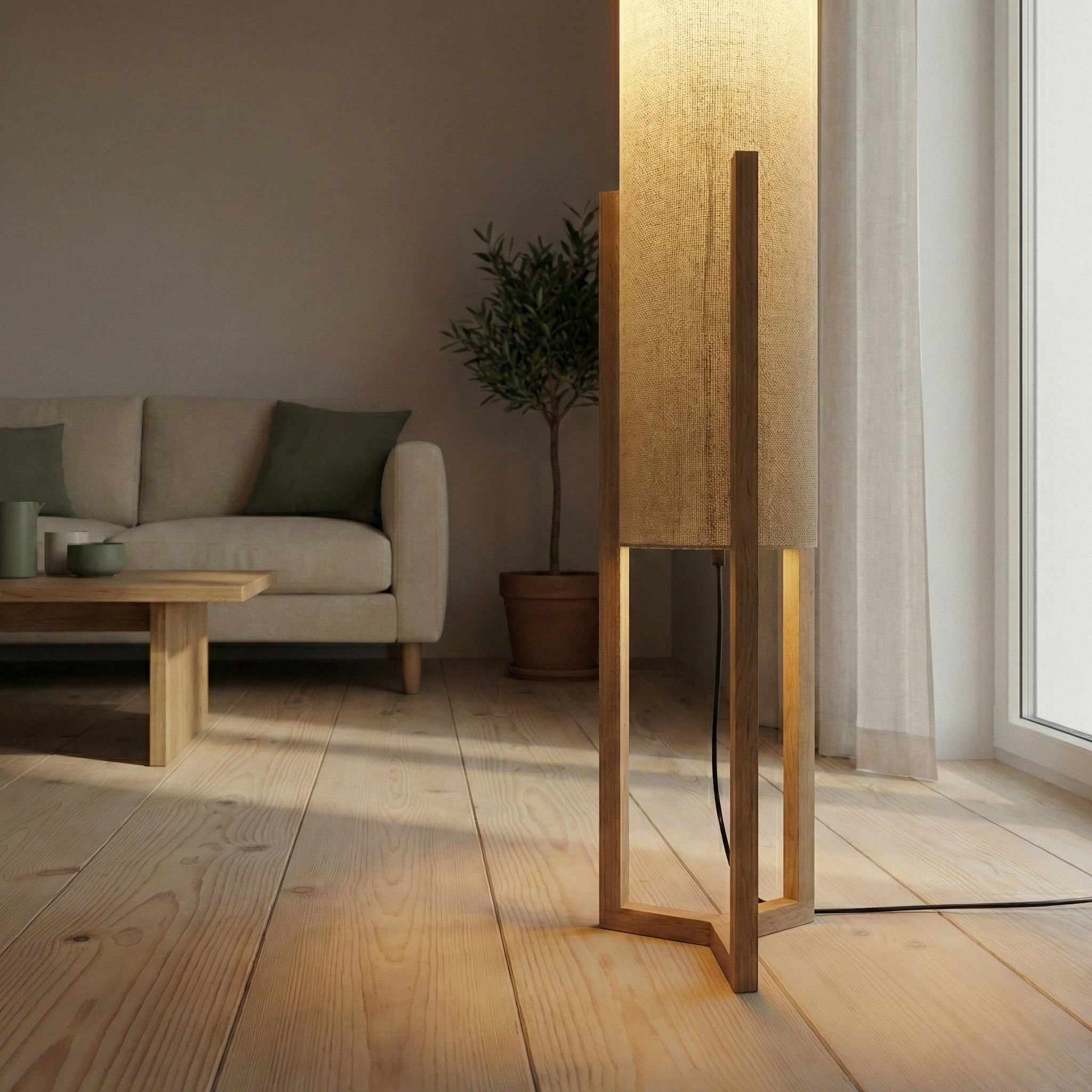 Beacon Oak and Natural Floor Lamp with Cylindrical Paper Rattan Shade | MidinMod