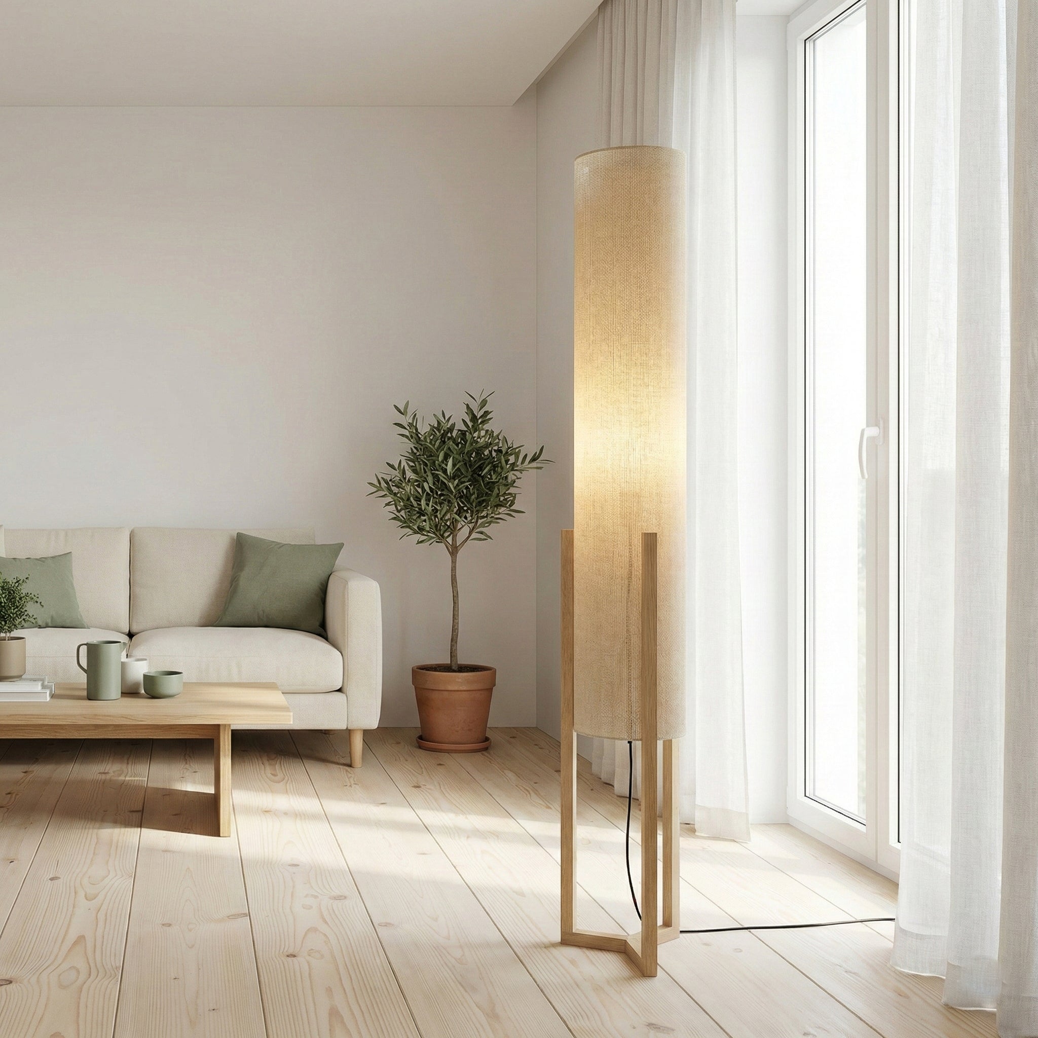 Beacon Oak and Natural Floor Lamp with Cylindrical Paper Rattan Shade | MidinMod